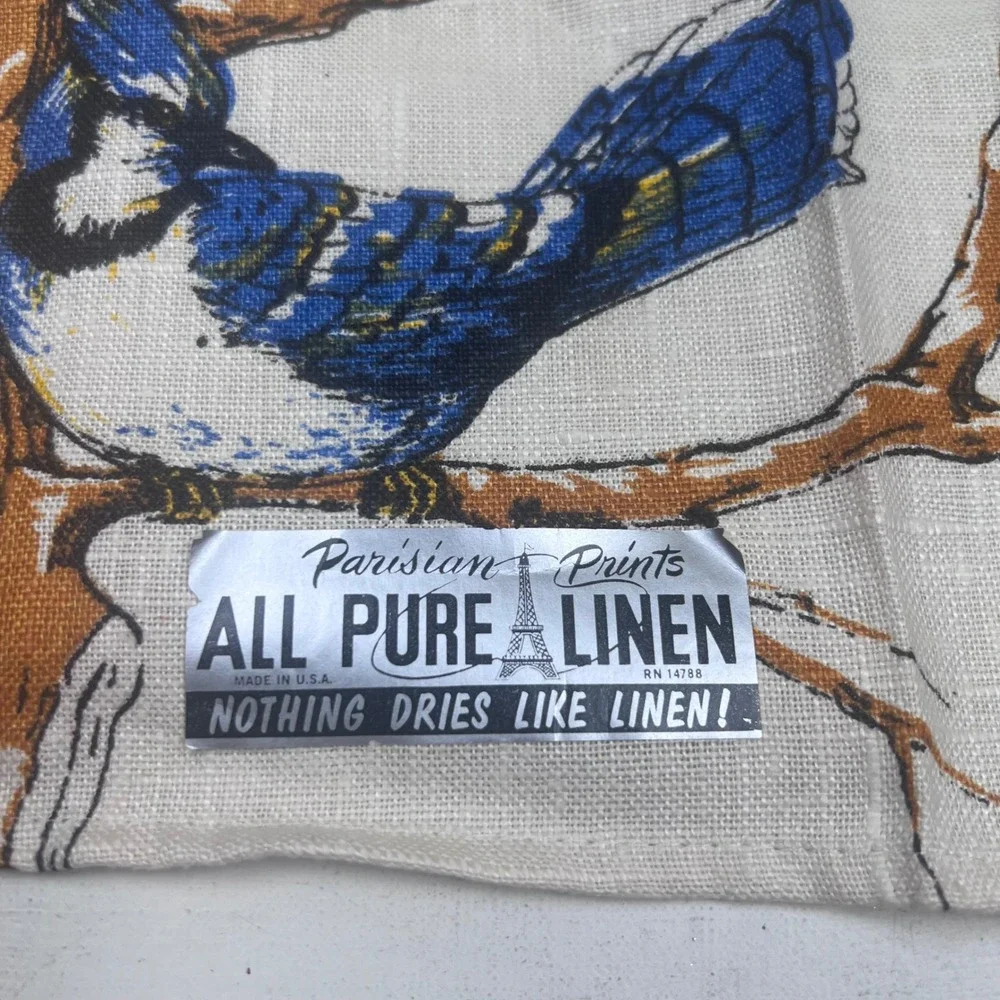 Parisian Prints Pure Linen Tea Towel Vintage Bird Songbird Floral Made in USA